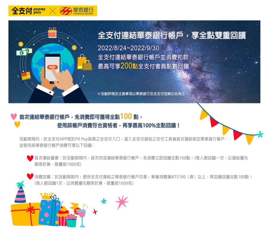 全支付連結華泰銀行帳戶，享全點雙重回饋，活動期間：2022/8/24 10：00～2022/9/30 23:59 活動內容： 活動期間內，於全支付APP或於PX Pay首頁之全支付入口，進入全支付錢包之支付工具後首次連結指定華泰銀行帳戶，並使用該華泰銀行帳戶消費可享以下回饋： 1、首次連結優惠：於活動期間內，首次完成連結華泰銀行帳戶，免消費立即回饋全點100點。(每人限回饋一次，以連結優先順序計算，限量前1000名) 。2、消費加碼：於活動期間內，使用全支付連結之華泰銀行帳戶交易，單筆消費滿NT$100（含）以上，再加碼回饋全點100點。(每人限回饋1次，以消費優先順序計算，限量前1000名)